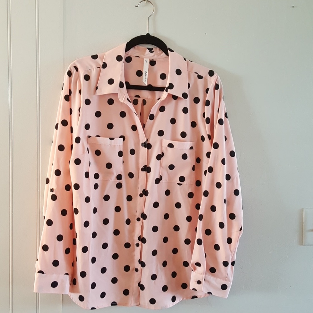 Polka dots! Pink and black dress blouse
